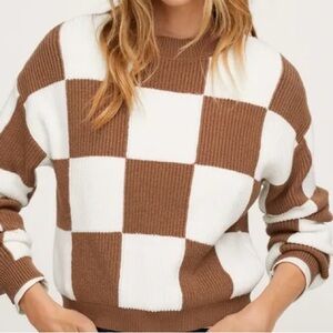 Mango Brown and White Checkered Sweater